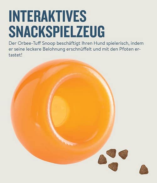 Produktbild des interaktiven Snackspielzeugs Orbee-Tuff Snoop in orange mit Kurzbeschreibung